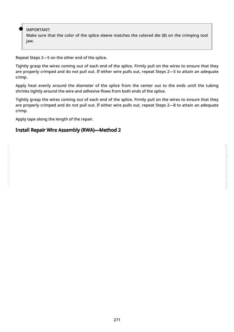 May include: A page from a manual with instructions for repairing a wire assembly. The text includes steps for crimping wires, applying heat, and using tape. The page number is 271.