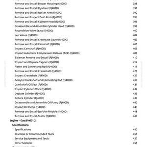 Pu&ograve; includere: Una pagina di manuale con un elenco di procedure di riparazione del motore, compresi i lavori sul carburatore e sulla testata. Il testo &egrave; in nero su sfondo bianco, con numeri di pagina a destra.