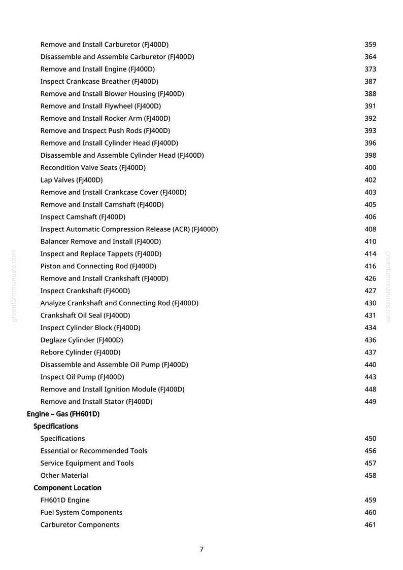 Pu&ograve; includere: Una pagina di manuale con un elenco di procedure di riparazione del motore, compresi i lavori sul carburatore e sulla testata. Il testo &egrave; in nero su sfondo bianco, con numeri di pagina a destra.