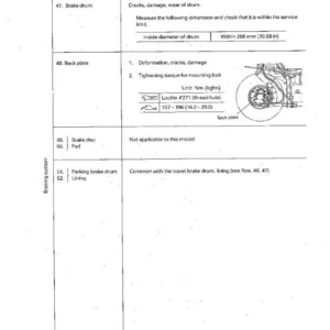 Puede incluir: Un diagrama t&eacute;cnico con el t&iacute;tulo "TESTING AND ADJUSTING" y "CHECK ITEMS FOR EACH EQUIPMENT". El documento incluye detalles para el tambor de freno, la placa trasera, el disco de freno y la pastilla. Las medidas est&aacute;n en mil&iacute;metros (mm) y pulgadas (in).