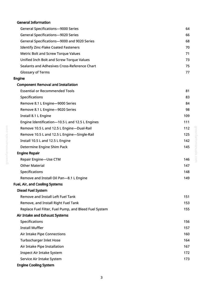 May include: A page from a manual with a table of contents. The text includes sections on engine repair, fuel systems, and air intake. The page number is 3.