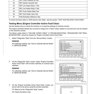 May include: A technical document page with a table of codes and content related to SCR service tests. The page includes instructions for using the testing menu to clear engine controller active faults, with screenshots of the interface.