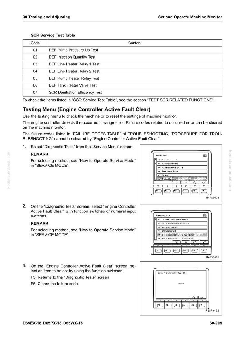 May include: A technical document page with a table of codes and content related to SCR service tests. The page includes instructions for using the testing menu to clear engine controller active faults, with screenshots of the interface.