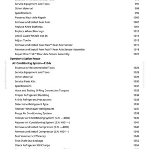 May include: A white page with a detailed table of contents for automotive repair, covering axles, air conditioning, and other mechanical procedures. Page numbers are on the right.