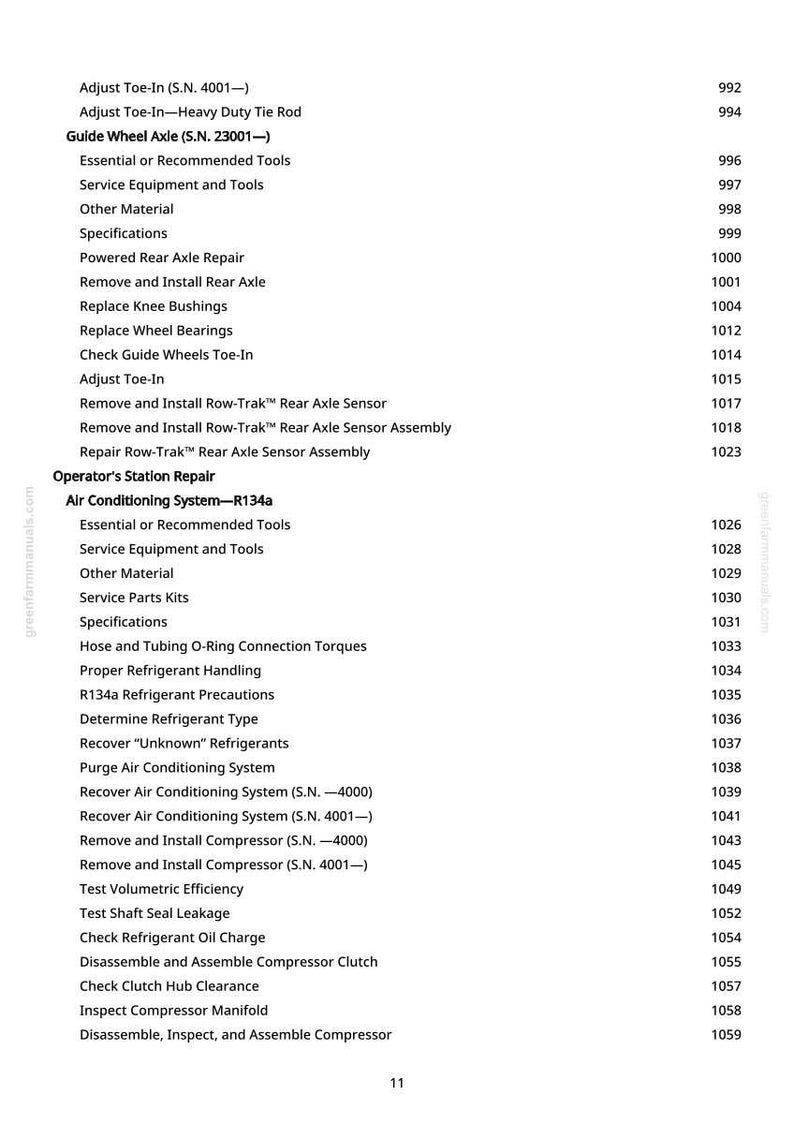 May include: A white page with a detailed table of contents for automotive repair, covering axles, air conditioning, and other mechanical procedures. Page numbers are on the right.