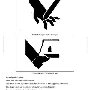 Puede incluir: Una p&aacute;gina de manual de seguridad titulada &laquo;Operar la acondicionadora-segadora de forma segura&raquo;. La p&aacute;gina incluye dos ilustraciones en blanco y negro que representan riesgos para la seguridad. El texto advierte contra el pellizco de dedos o el corte de pies. Se enumeran instrucciones de seguridad adicionales.