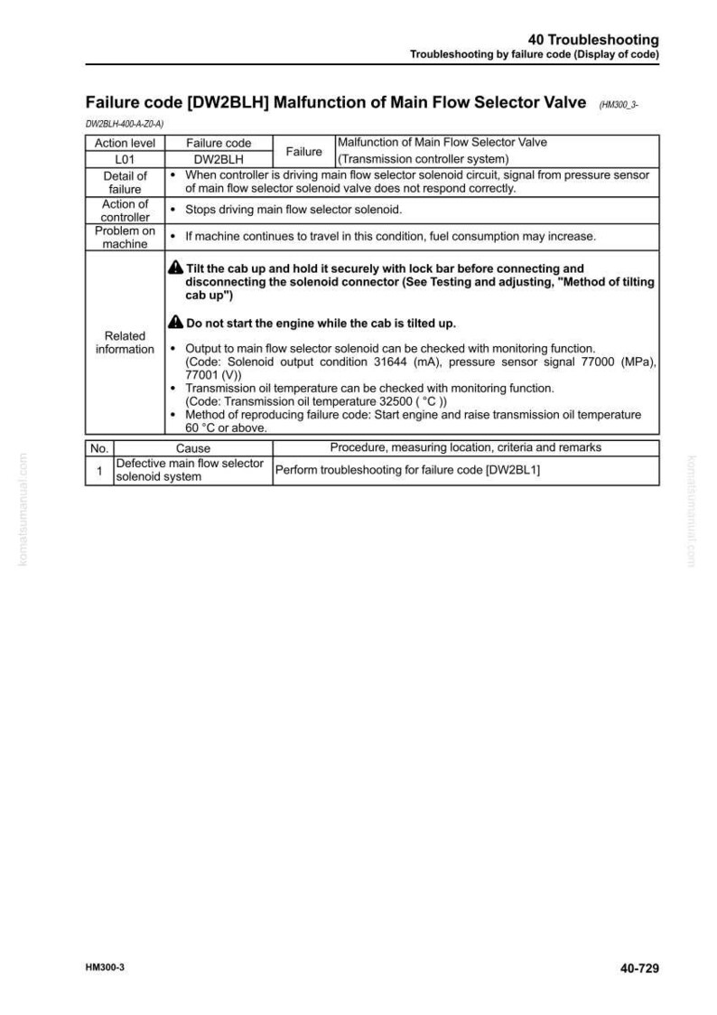 Op de afbeelding: Een pagina van de probleemoplossingsgids met de titel "Foutcode [DW2BLH] Fout in de hoofddebietkeuzeklep". De pagina bevat een tabel met details over de fout, actie en gerelateerde informatie.
