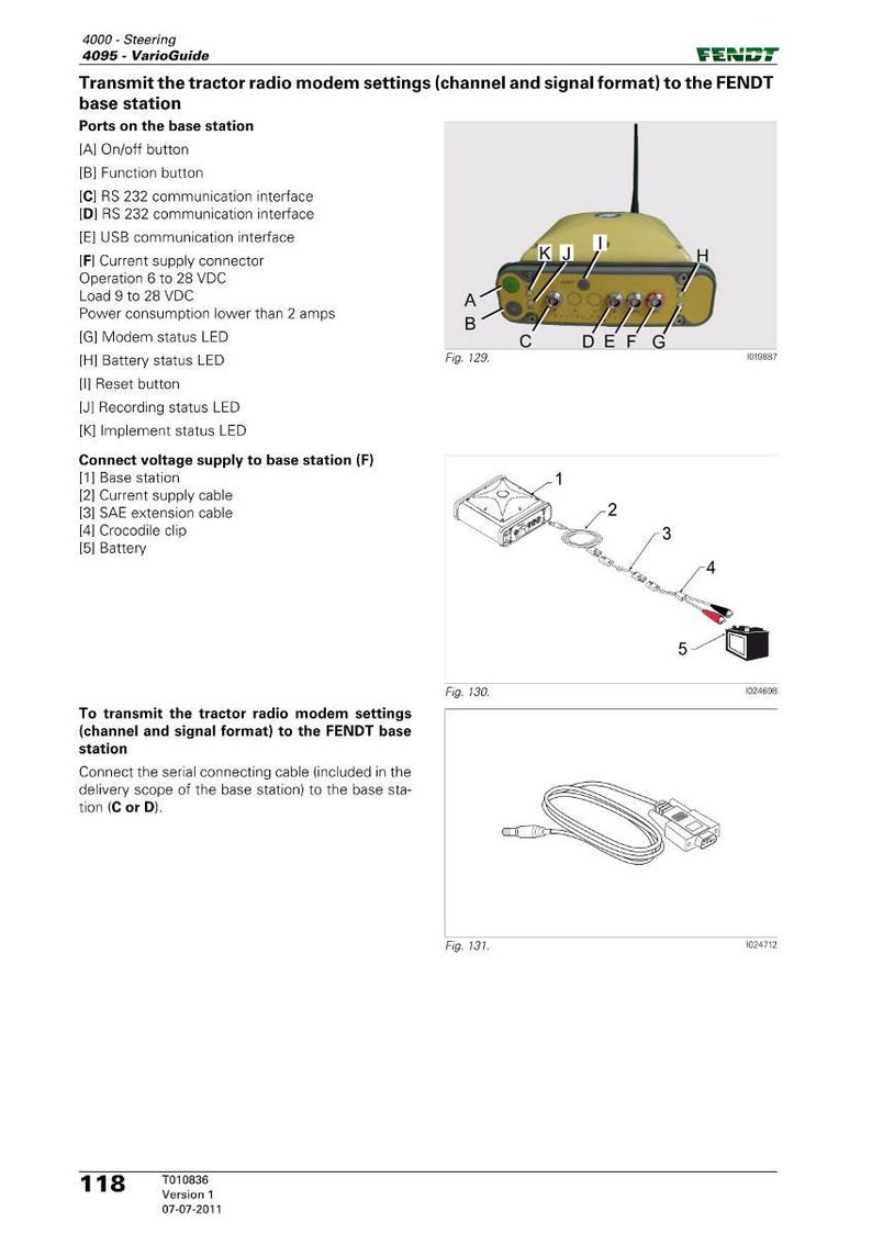 May include: Diagram of a FENDT base station with labeled ports and connection instructions. Includes a base station, cables, and battery. Text includes "Transmit the tractor radio modem settings".