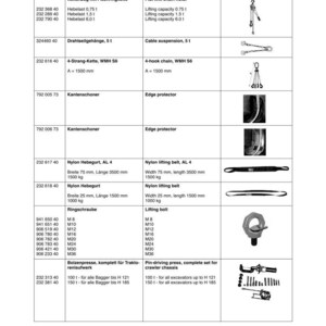 May include: A Komatsu parts catalog page featuring various lifting and rigging equipment. Includes flat-link chain hoists, cable suspensions, nylon lifting belts, lifting bolts, and pin-driving presses. Measurements are in metric units.