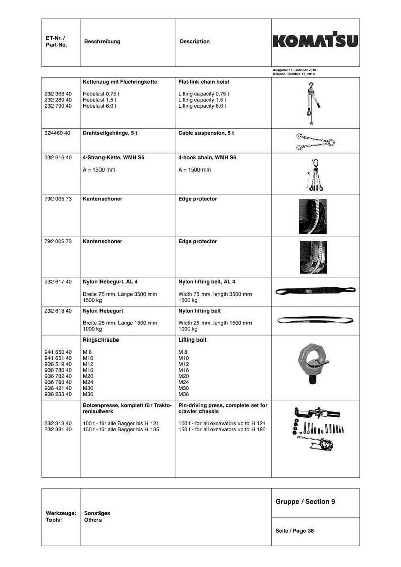 May include: A Komatsu parts catalog page featuring various lifting and rigging equipment. Includes flat-link chain hoists, cable suspensions, nylon lifting belts, lifting bolts, and pin-driving presses. Measurements are in metric units.