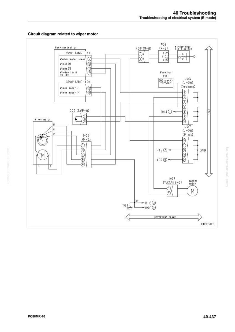 Pode incluir: Um diagrama de circuito detalhado relacionado a um motor de limpador, com r&oacute;tulos para componentes como o controlador da bomba, o motor do limpador e a caixa de fus&iacute;veis. O diagrama inclui texto e linhas que ilustram as conex&otilde;es el&eacute;tricas.