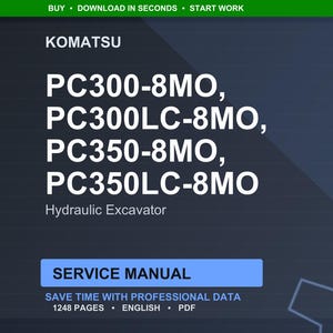 Op de afbeelding: Een digitale servicehandleiding voor Komatsu hydraulische graafmachines, inclusief de modellen PC300-8MO, PC300LC-8MO, PC350-8MO en PC350LC-8MO. De handleiding is in het Engels en bevat 1248 pagina's met professionele gegevens.