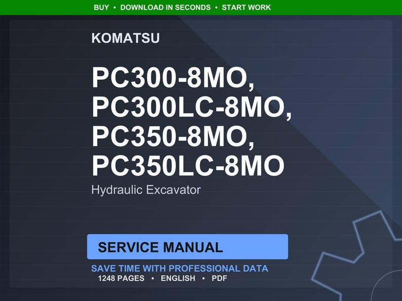 Op de afbeelding: Een digitale servicehandleiding voor Komatsu hydraulische graafmachines, inclusief de modellen PC300-8MO, PC300LC-8MO, PC350-8MO en PC350LC-8MO. De handleiding is in het Engels en bevat 1248 pagina's met professionele gegevens.