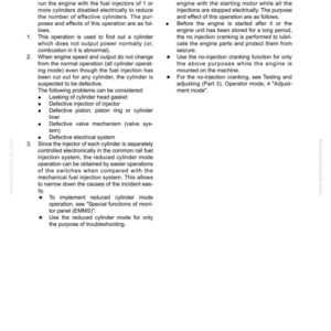 Pu&ograve; includere: Pagina di un manuale con i titoli "Gestione della modalit&agrave; di funzionamento a cilindri ridotti" e "Gestione della manovella senza iniezione". Il testo descrive le procedure di prova e regolazione del motore.