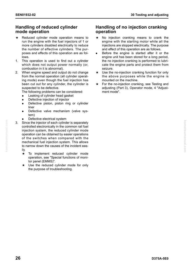Pu&ograve; includere: Pagina di un manuale con i titoli "Gestione della modalit&agrave; di funzionamento a cilindri ridotti" e "Gestione della manovella senza iniezione". Il testo descrive le procedure di prova e regolazione del motore.