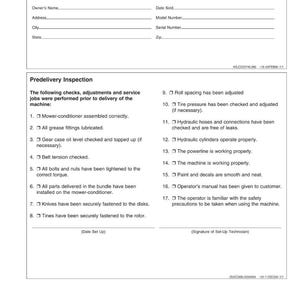 May include: A white document titled "Introduction" with a "Dealer's Record" section and a "Predelivery Inspection" checklist. The checklist includes items like mower assembly, grease fittings, and hydraulic checks.