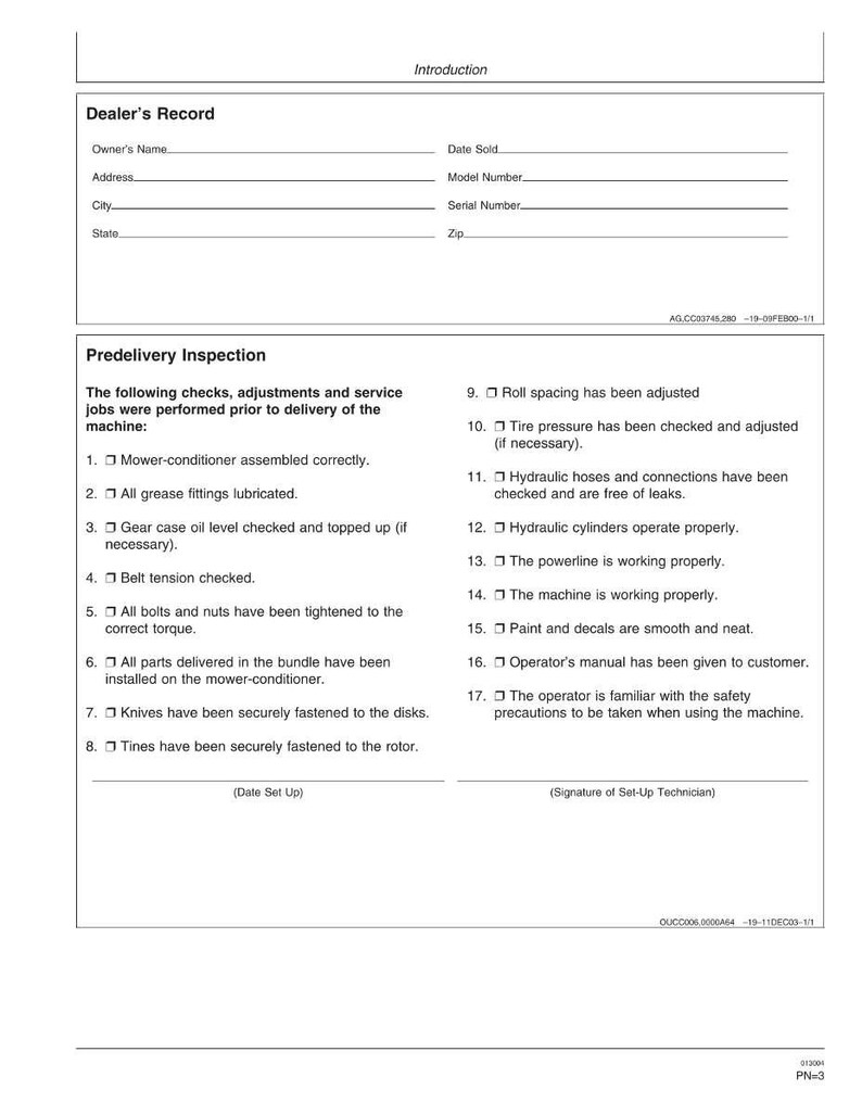 May include: A white document titled "Introduction" with a "Dealer's Record" section and a "Predelivery Inspection" checklist. The checklist includes items like mower assembly, grease fittings, and hydraulic checks.