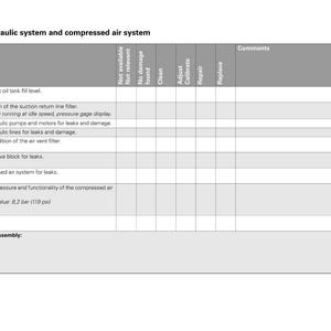 Peut inclure: Un formulaire intitul&eacute; "Syst&egrave;me hydraulique et syst&egrave;me d'air comprim&eacute;" avec un tableau de points d'inspection. Le tableau comprend des descriptions telles que "Inspecter le niveau de remplissage du r&eacute;servoir d'huile hydraulique".