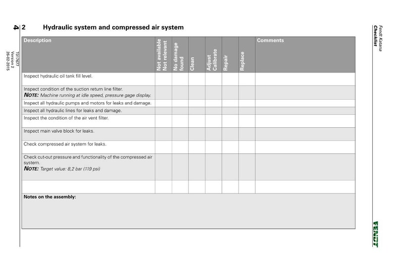 Peut inclure: Un formulaire intitul&eacute; "Syst&egrave;me hydraulique et syst&egrave;me d'air comprim&eacute;" avec un tableau de points d'inspection. Le tableau comprend des descriptions telles que "Inspecter le niveau de remplissage du r&eacute;servoir d'huile hydraulique".