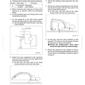 May include: Diagram of undercarriage and frame testing swing circle bearing clearance. Includes instructions, diagrams, and measurements in millimeters. Features a dial gauge and excavator illustrations.