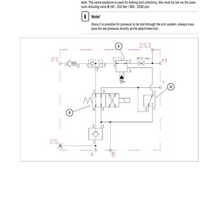 May include: Diagram of hydraulic system components, including valves, plugs, and pressure reducers. The diagram includes labels such as "E", "DS3", and "G", with measurements in millimeters and pressure in bar and psi.