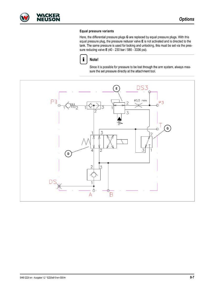 May include: Diagram of hydraulic system components, including valves, plugs, and pressure reducers. The diagram includes labels such as "E", "DS3", and "G", with measurements in millimeters and pressure in bar and psi.