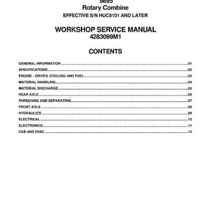 May include: A white workshop service manual for a Massey Ferguson 9895 Rotary Combine. The manual includes a table of contents with sections on general information, engine, hydraulics, and electrical systems. Printed in the U.S.A. in July 2008.