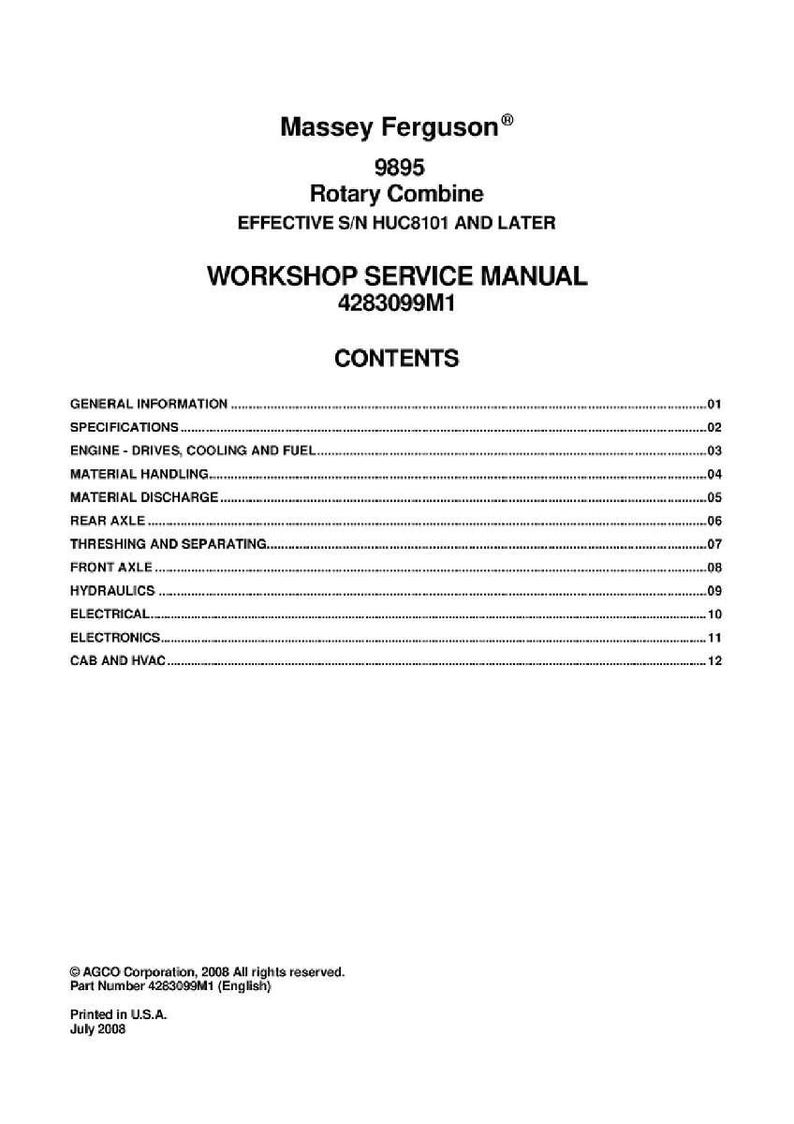 May include: A white workshop service manual for a Massey Ferguson 9895 Rotary Combine. The manual includes a table of contents with sections on general information, engine, hydraulics, and electrical systems. Printed in the U.S.A. in July 2008.