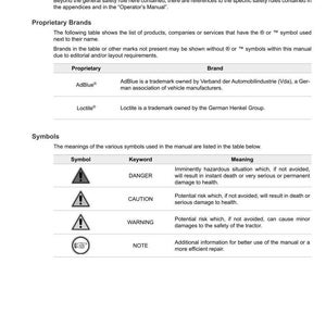 May include: A page from a tractor maintenance manual with the ARGO TRACTORS logo. The manual includes an introduction, proprietary brands, and safety symbols with their meanings. The page is white with black text.
