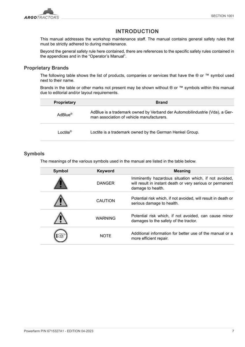 May include: A page from a tractor maintenance manual with the ARGO TRACTORS logo. The manual includes an introduction, proprietary brands, and safety symbols with their meanings. The page is white with black text.