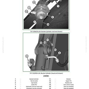 May include: Detailed diagram of a bucket cylinder assembly, including nuts, cap screws, hydraulic lines, and pins. The image is labeled with part numbers and a legend for easy identification of components.
