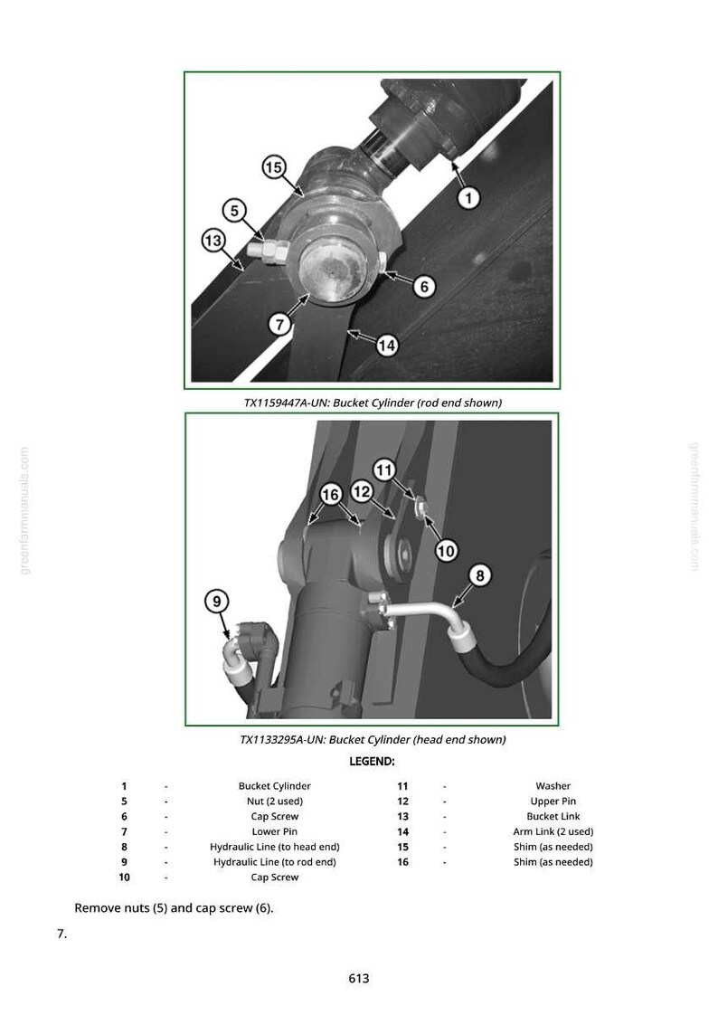May include: Detailed diagram of a bucket cylinder assembly, including nuts, cap screws, hydraulic lines, and pins. The image is labeled with part numbers and a legend for easy identification of components.