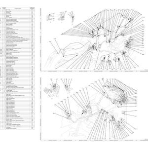 May include: A technical diagram with multiple detailed illustrations and a corresponding parts list. The illustrations depict complex mechanical components with numerous connecting lines and labels. The parts list is organized in columns with numerical identifiers.