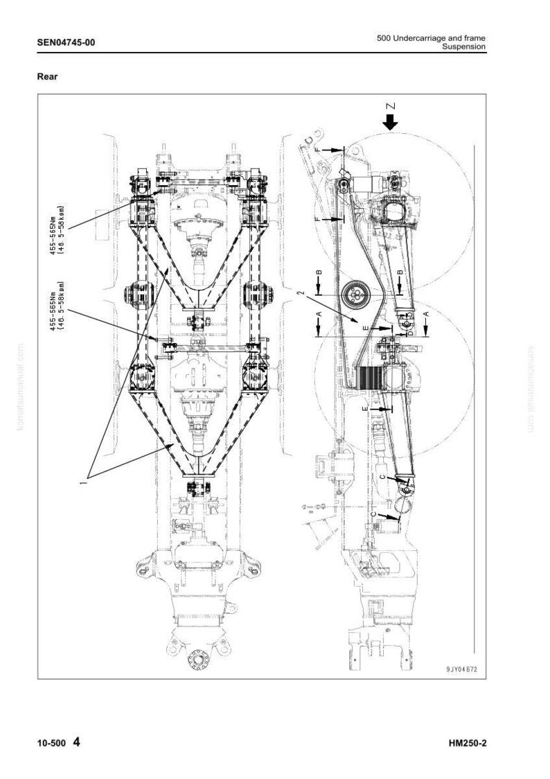 May include: Technical diagram of a vehicle's undercarriage and frame suspension, labeled "Rear." The diagram is in black and white, with detailed mechanical components and measurements in Nm and kpm. Includes the text "SEN04745-00" and "HM250-2."