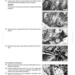 K&ouml;nnte beinhalten: Diagramm aus einem Handbuch, das die Schritte zur Demontage und Montage des Motors zeigt. Enth&auml;lt Nahaufnahmen von Motorkomponenten, Schl&auml;uchen und Anschl&uuml;ssen. Textanweisungen beschreiben die Entfernung von Teilen wie Anschl&uuml;ssen, Schl&auml;uchen und dem Klimakompressor.