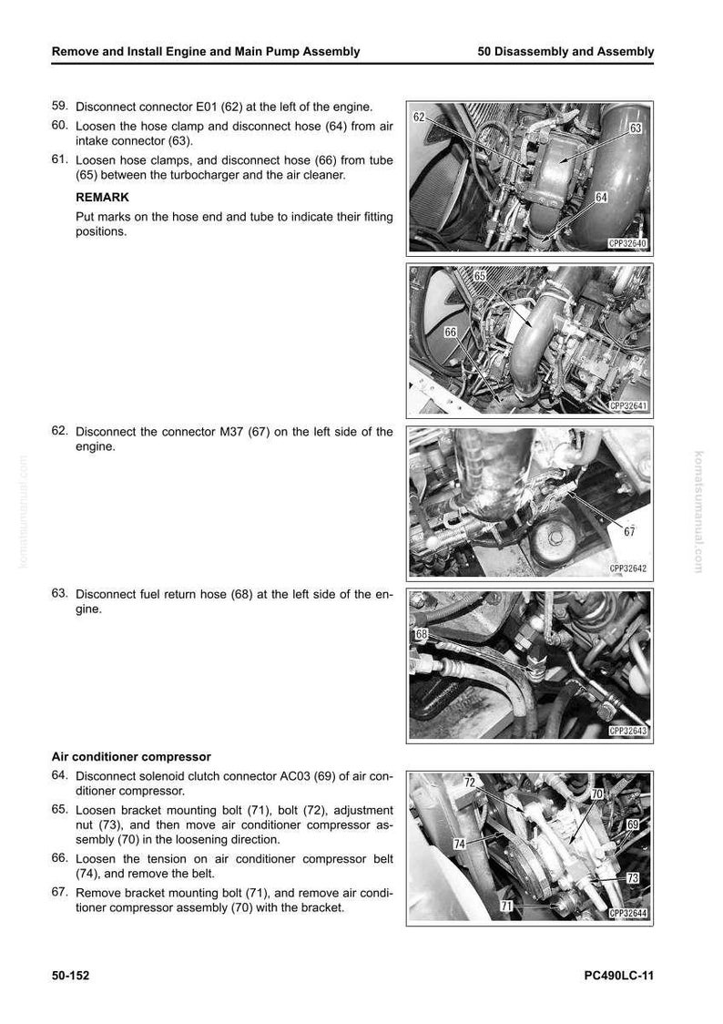 K&ouml;nnte beinhalten: Diagramm aus einem Handbuch, das die Schritte zur Demontage und Montage des Motors zeigt. Enth&auml;lt Nahaufnahmen von Motorkomponenten, Schl&auml;uchen und Anschl&uuml;ssen. Textanweisungen beschreiben die Entfernung von Teilen wie Anschl&uuml;ssen, Schl&auml;uchen und dem Klimakompressor.