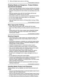 May include: A manual page headed "Safety" with instructions for a lawn mower. It details safety measures regarding rotating blades, clothing, electrical hazards, and waste disposal. The text is in black on a white background.
