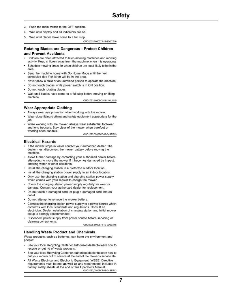 May include: A manual page headed "Safety" with instructions for a lawn mower. It details safety measures regarding rotating blades, clothing, electrical hazards, and waste disposal. The text is in black on a white background.