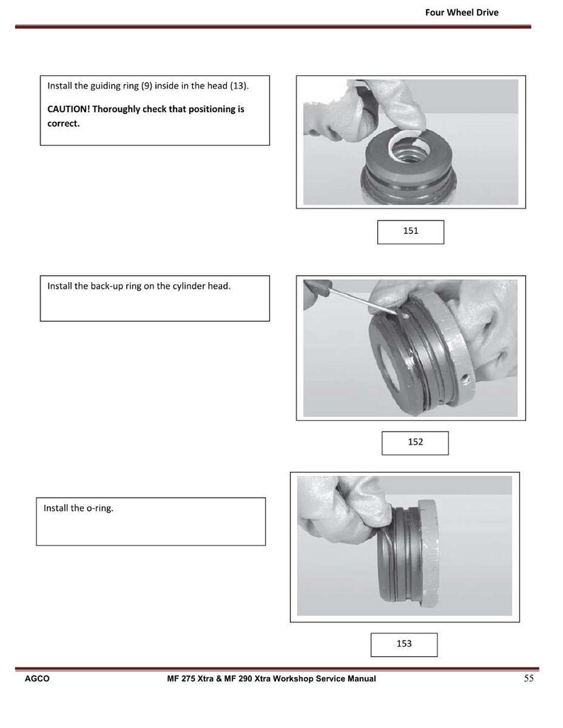 May include: A page from a service manual with instructions for installing parts. The text includes "Install the guiding ring," "Install the back-up ring," and "Install the o-ring." The images show hands wearing gloves working on mechanical components.