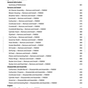 May include: A detailed page from a repair manual, listing engine repair procedures for Z950M and Z950R engines. The table of contents includes sections for removal, installation, disassembly, and inspection of various engine components.