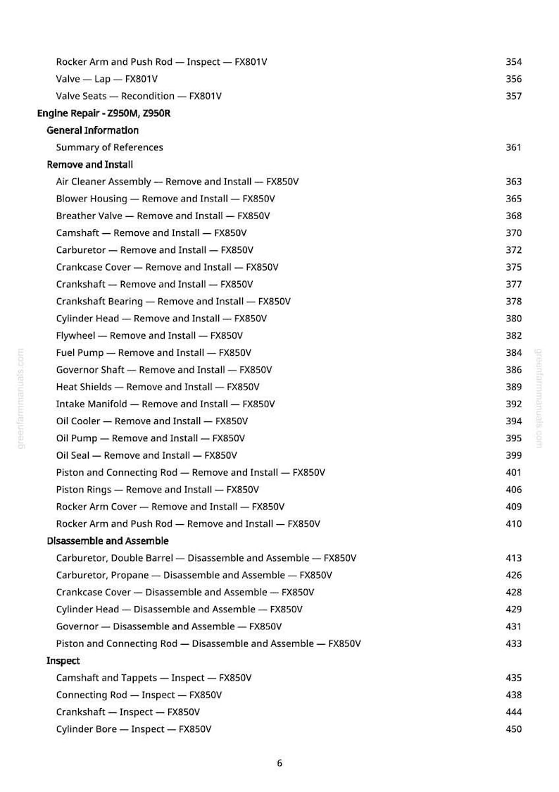 May include: A detailed page from a repair manual, listing engine repair procedures for Z950M and Z950R engines. The table of contents includes sections for removal, installation, disassembly, and inspection of various engine components.
