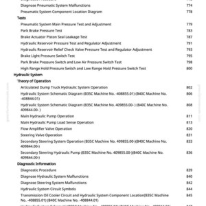 Peut inclure: Une page de manuel avec une table des mati&egrave;res. Le texte comprend "Informations de diagnostic", "Syst&egrave;me hydraulique" et divers tests et sch&eacute;mas. Le num&eacute;ro de page "10" est visible en bas.