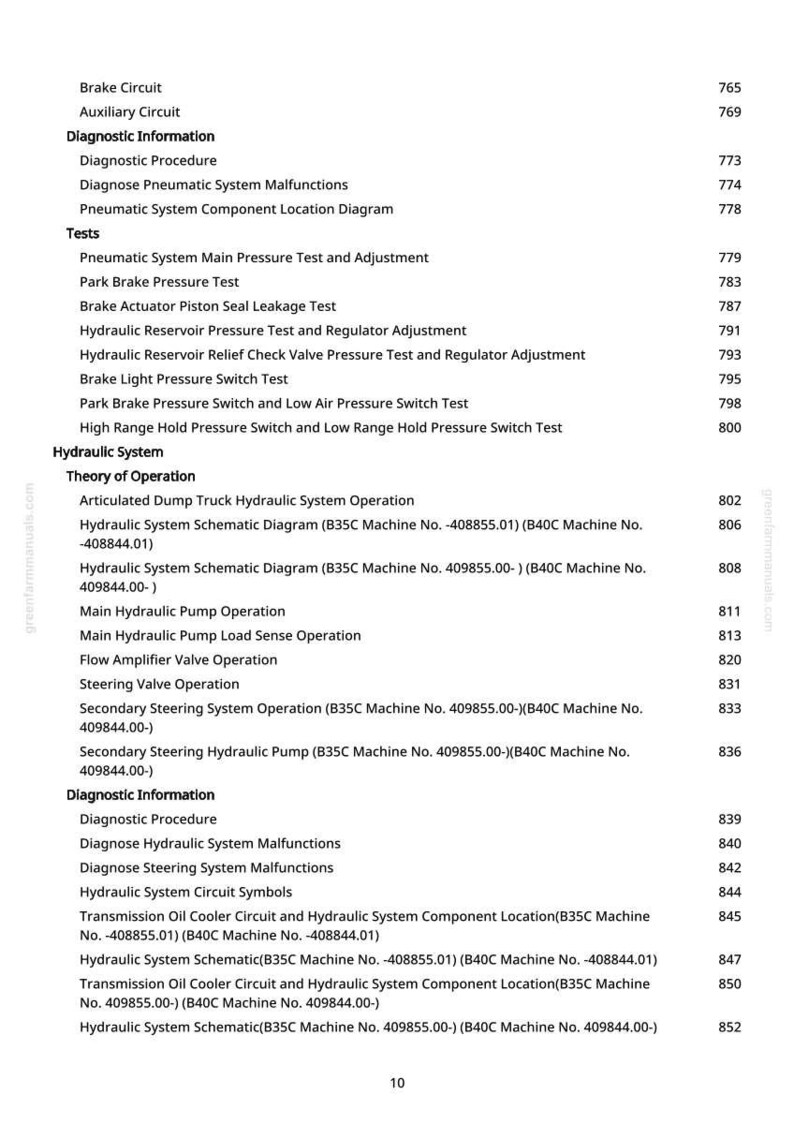 Peut inclure: Une page de manuel avec une table des mati&egrave;res. Le texte comprend "Informations de diagnostic", "Syst&egrave;me hydraulique" et divers tests et sch&eacute;mas. Le num&eacute;ro de page "10" est visible en bas.