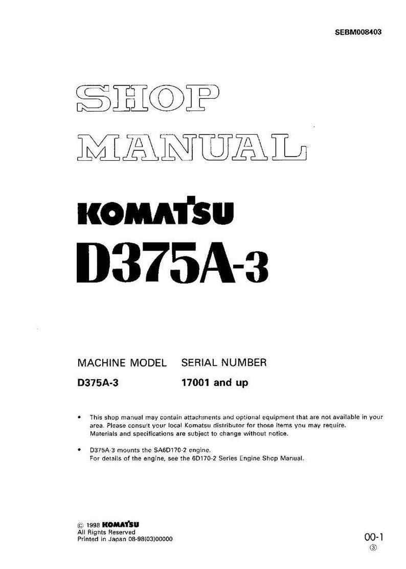 Puede incluir: Una portada de manual de taller blanca con el texto "SHOP MANUAL" en letras grandes y delineadas. Debajo, la marca "KOMATSU" y el modelo "D375A-3" se muestran de forma destacada. El manual incluye informaci&oacute;n sobre el modelo de m&aacute;quina y el n&uacute;mero de serie.