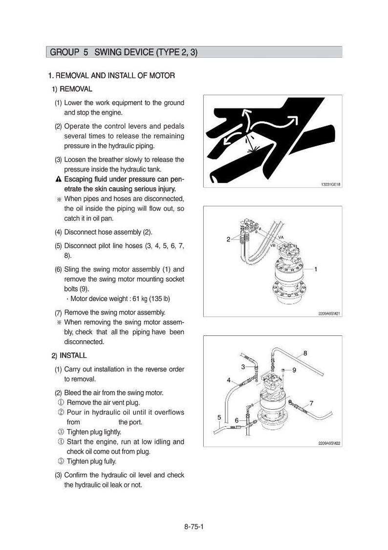 May include: Diagram of a swing device with numbered parts and instructions for removal and installation. Includes illustrations of hydraulic components, with a motor device weight of 135 lb.