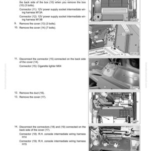 May include: Diagram of the disassembly and assembly of an operator cab. The image shows various components, including boxes, covers, connectors, and wiring harnesses. Text labels and numbers identify each part for removal and installation.