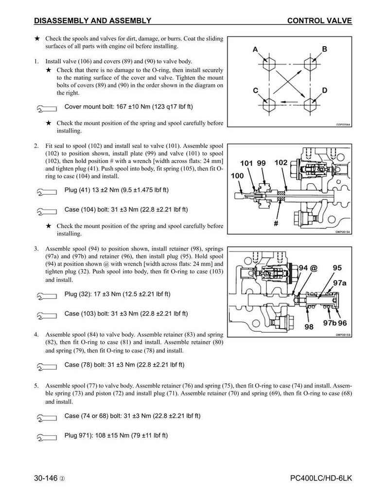 May include: Technical diagram detailing the disassembly and assembly of a control valve. Includes diagrams, torque specifications in Newton metres and pound-feet, and part numbers for various components.