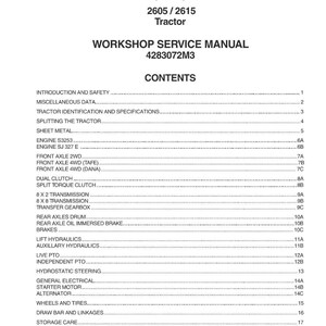 May include: A white workshop service manual for a Massey Ferguson 2605/2615 tractor. The manual's cover includes the Massey Ferguson logo, tractor model numbers, and the title "Workshop Service Manual". The contents list is also visible.