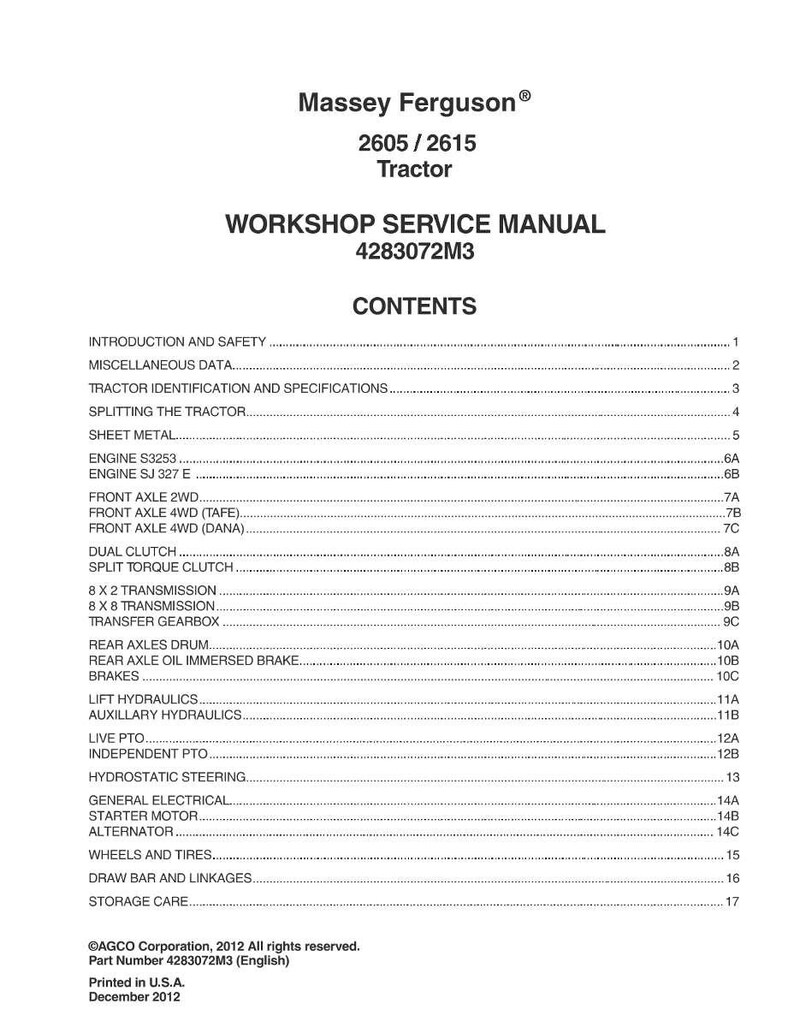May include: A white workshop service manual for a Massey Ferguson 2605/2615 tractor. The manual's cover includes the Massey Ferguson logo, tractor model numbers, and the title "Workshop Service Manual". The contents list is also visible.