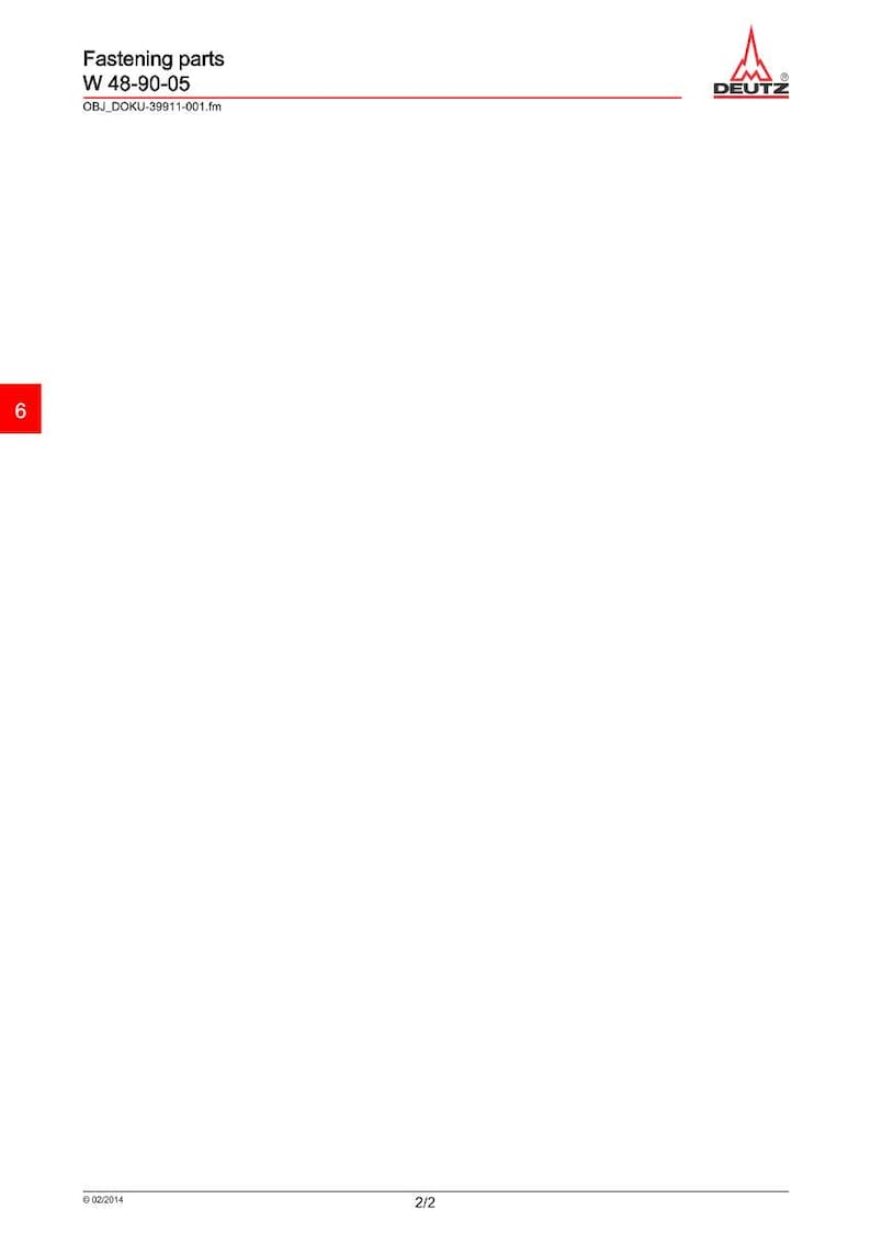 May include: A white background with the text "Fastening parts W 48-90-05" and the logo of DEUTZ. The number "6" is in a red box in the lower left corner. The document number is OBJ_DOKU-39911-001.fm.